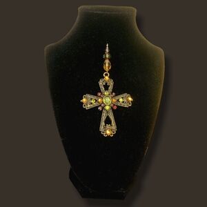 Cross Pendent, Antique Gold Tone With Faceted Stones and Beads, 4 1/4" x 2 1/4"